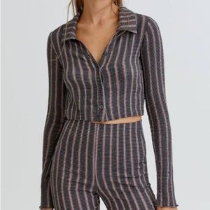 Pull&Bear Cropped Striped Button Top